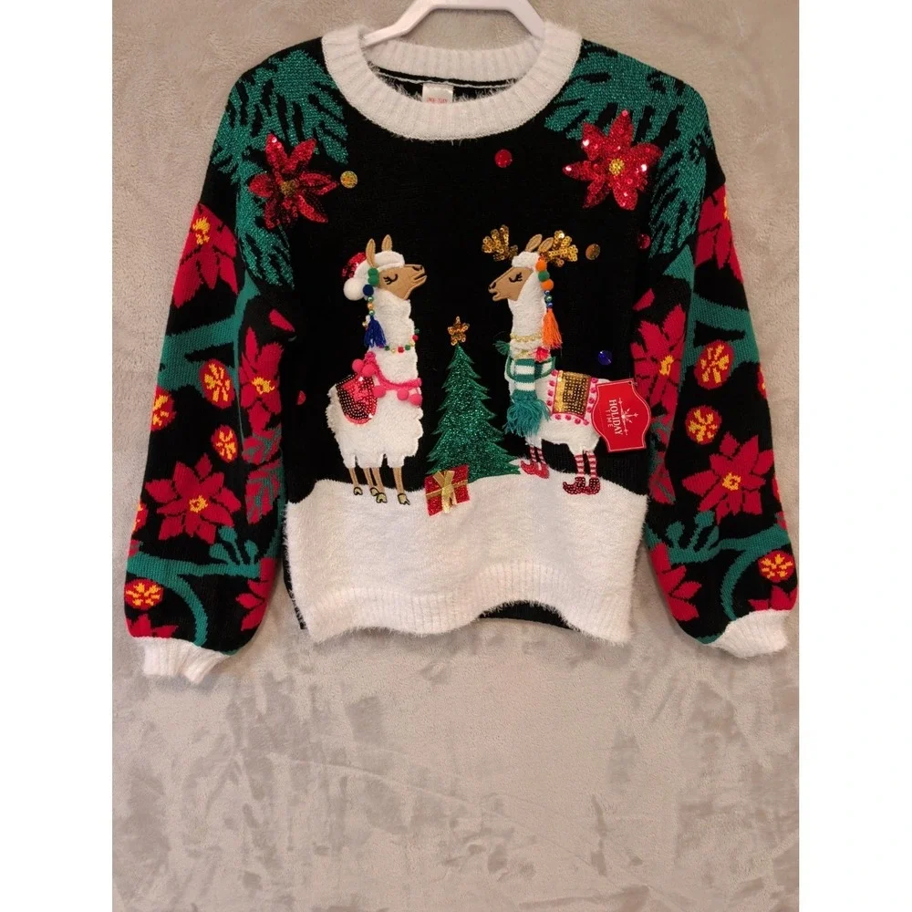Holiday Time Llama Christmas Sweater‎ M 8-10 Black 3D Sequin Ugly Festive